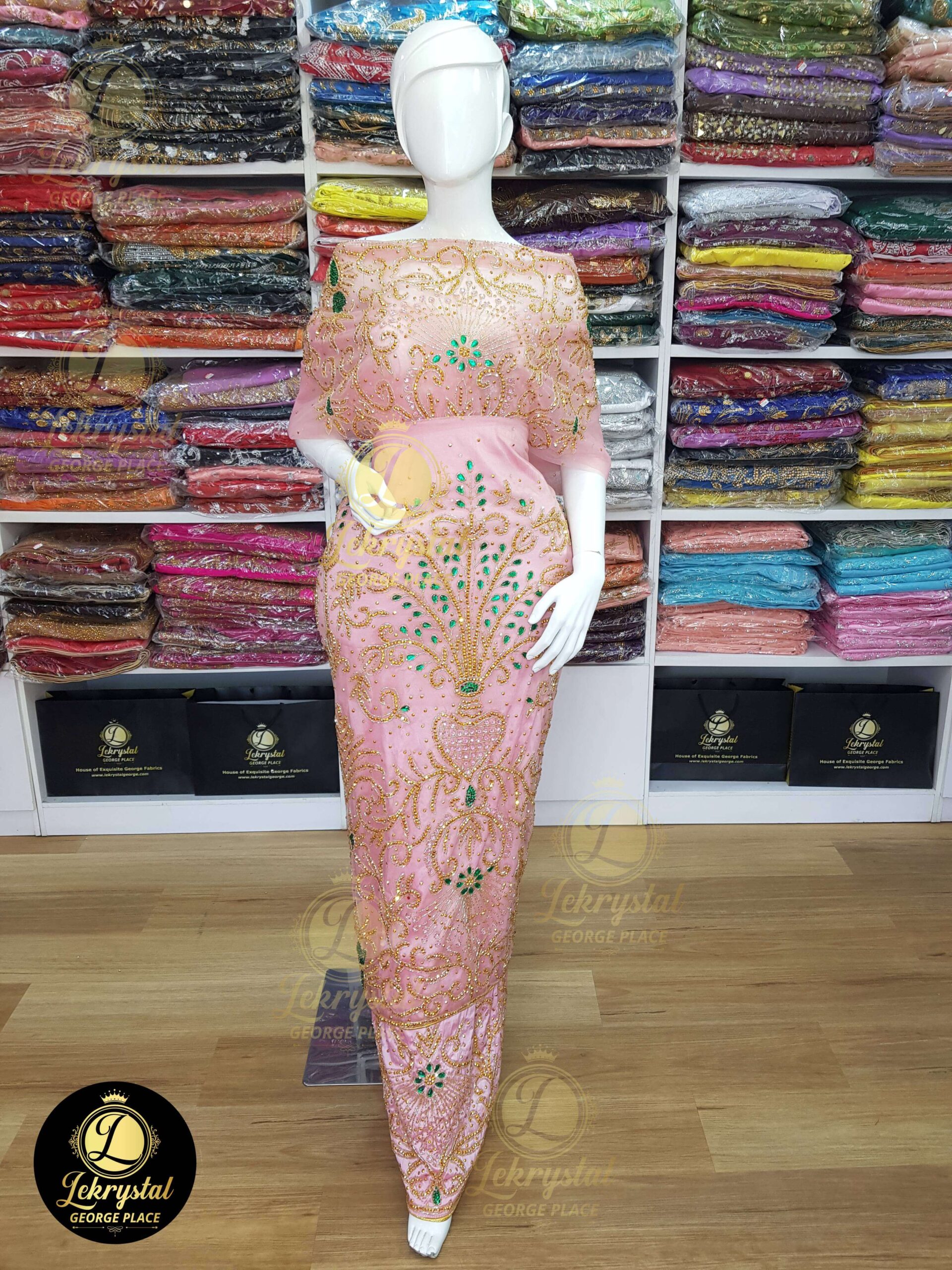 Peach Net on Silk with Gold and Touch of Green Stones Luxury George