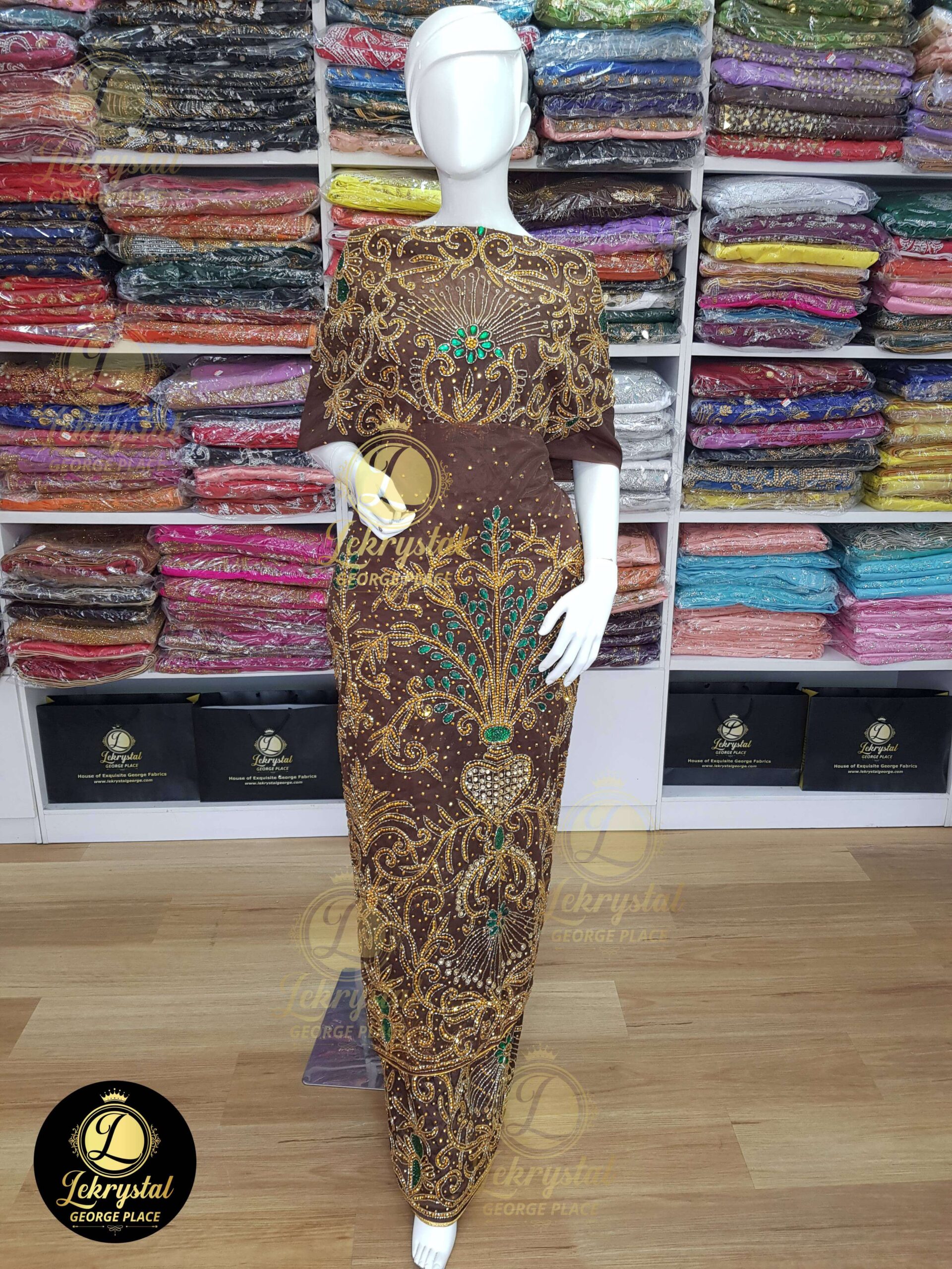 Burnt Orange Net on Silk with Gold and Touch of Green Stones Luxury George