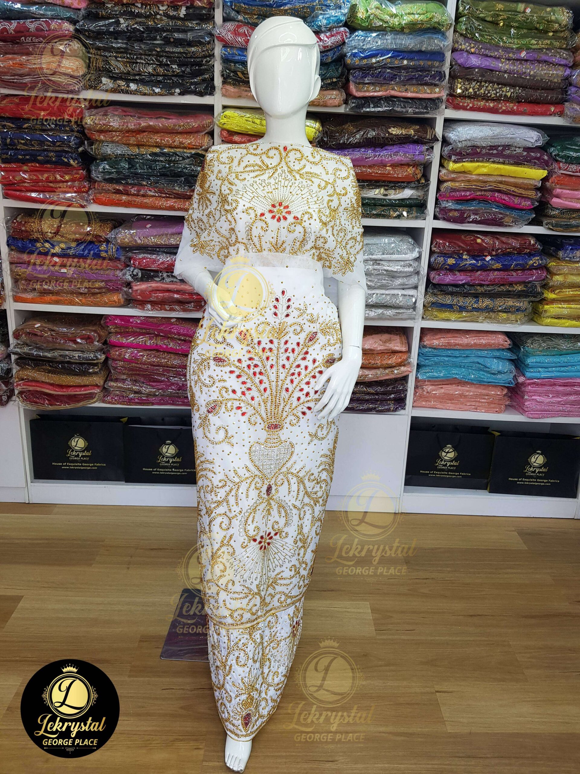 White and Gold Net on Silk with Touch of Green Stone