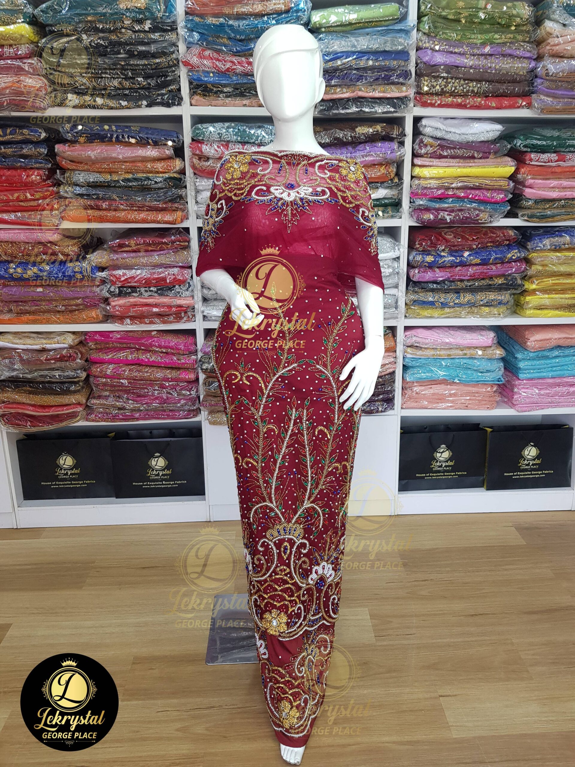 Burgundy Net on Silk Multiples Stones Luxury George