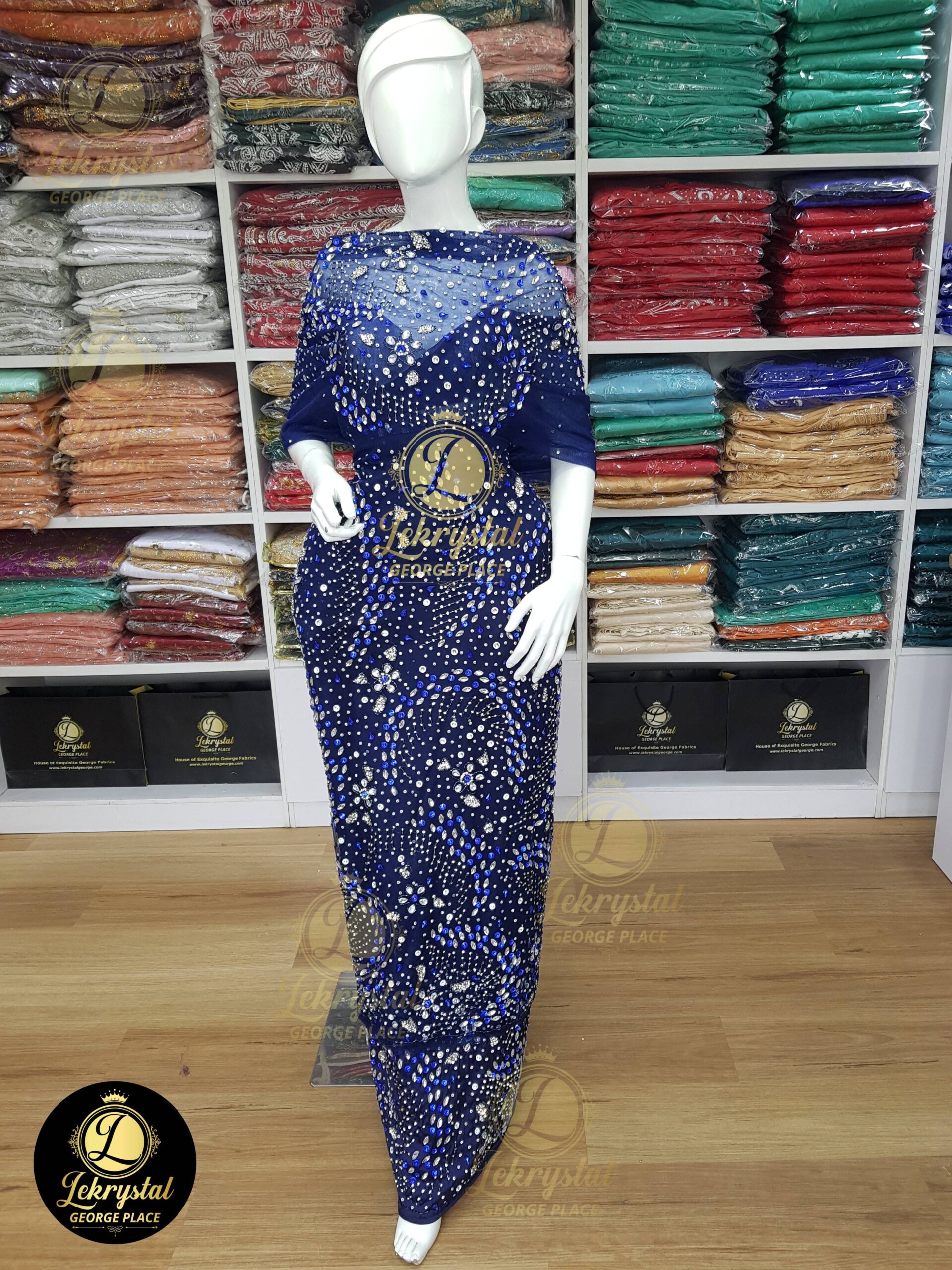 Navy Blue Net on Silk with Crystal Silver Stones Luxury George