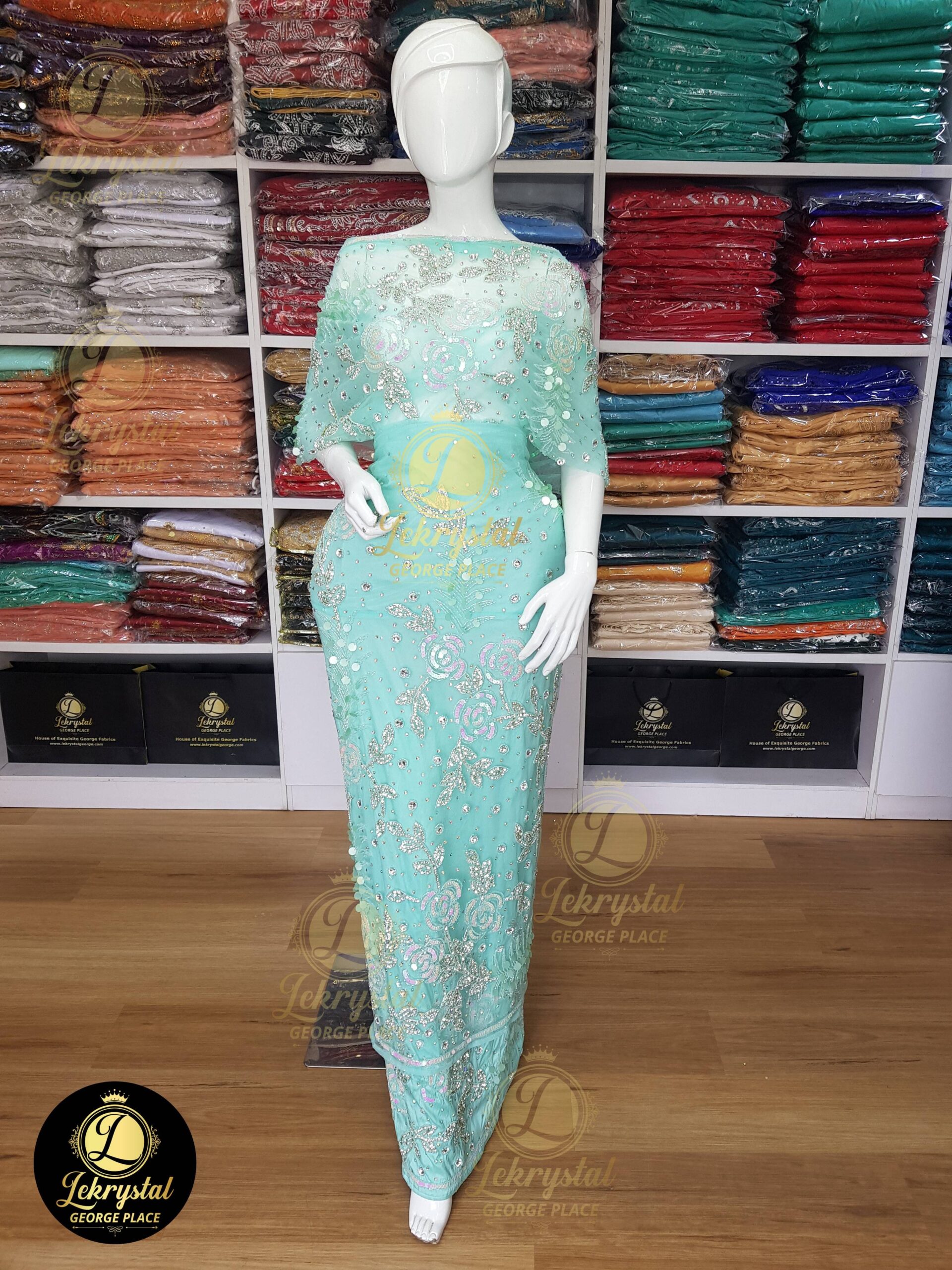 Sea Green Net on Silk with Crystal Silver Stones Luxury George